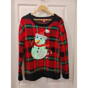 Christmas Sweater 33 degrees Plaid Sequin Snowman Holiday Size Large Womens